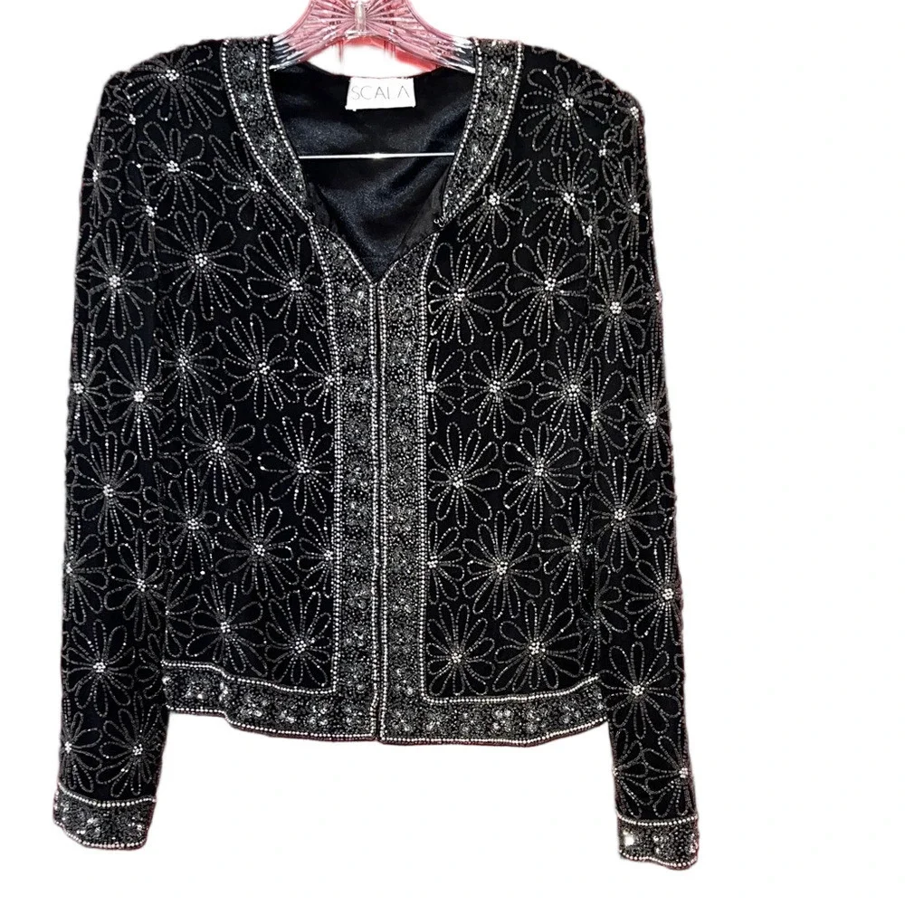 Vintage Scala Black Floral Daisy Beaded Jacket M